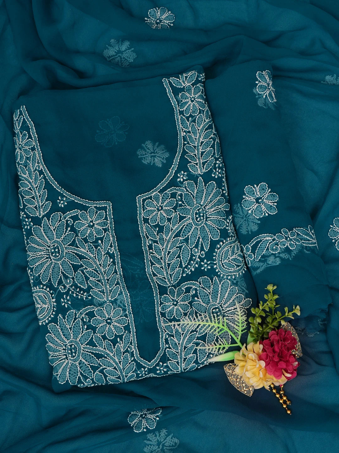 Ada Hand Embroidered Peacock Blue Georgette Lucknowi Chikankari Unstitched Suit Piece 01A776412