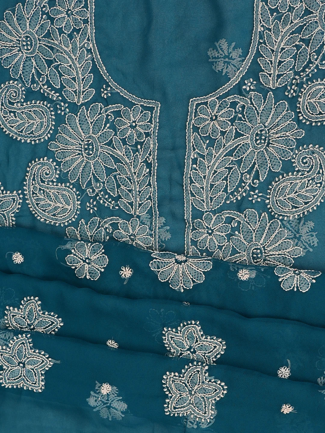 Ada Hand Embroidered Peacock Blue Georgette Lucknowi Chikankari Unstitched Suit Piece 01A776412