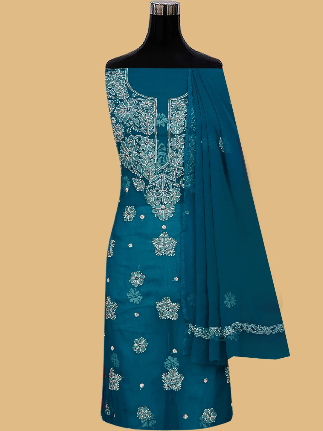 Ada Hand Embroidered Peacock Blue Georgette Lucknowi Chikankari Unstitched Suit Piece 01A776412