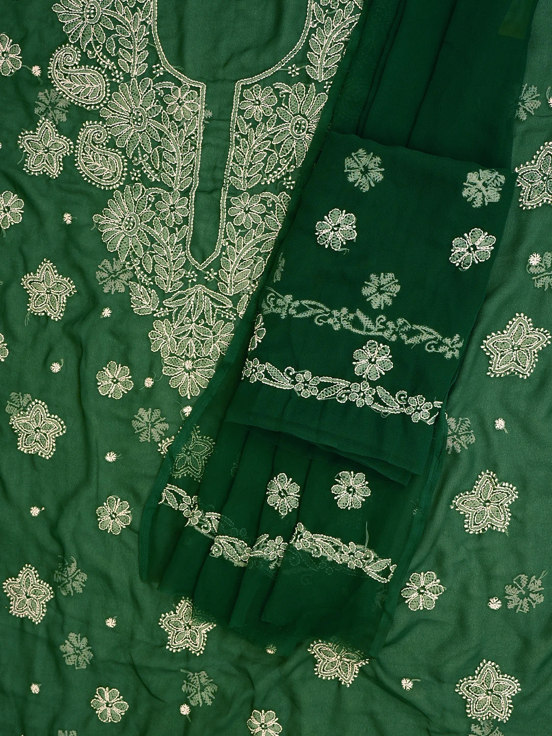 Ada Hand Embroidered Bottle Green Georgette Lucknowi Chikankari Unstitched Suit Piece 01A776414