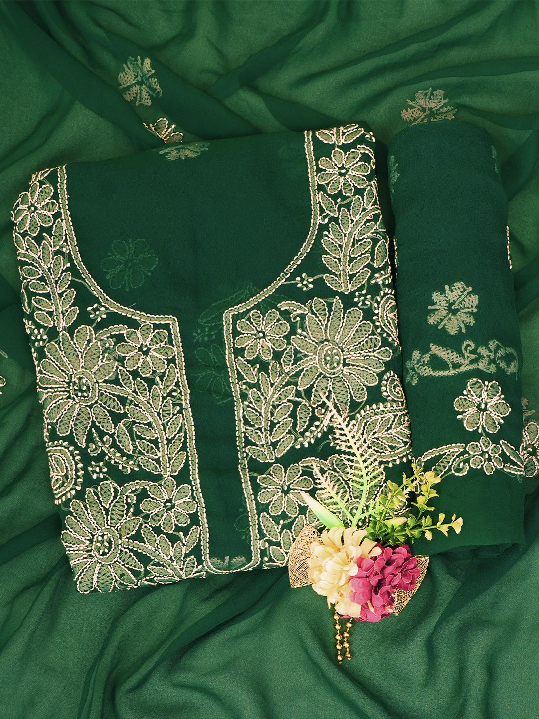 Ada Hand Embroidered Bottle Green Georgette Lucknowi Chikankari Unstitched Suit Piece 01A776414