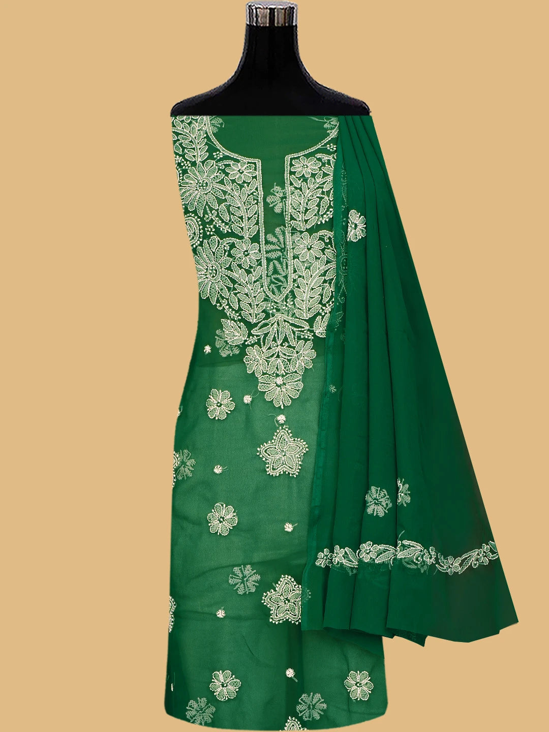 Ada Hand Embroidered Bottle Green Georgette Lucknowi Chikankari Unstitched Suit Piece 01A776414