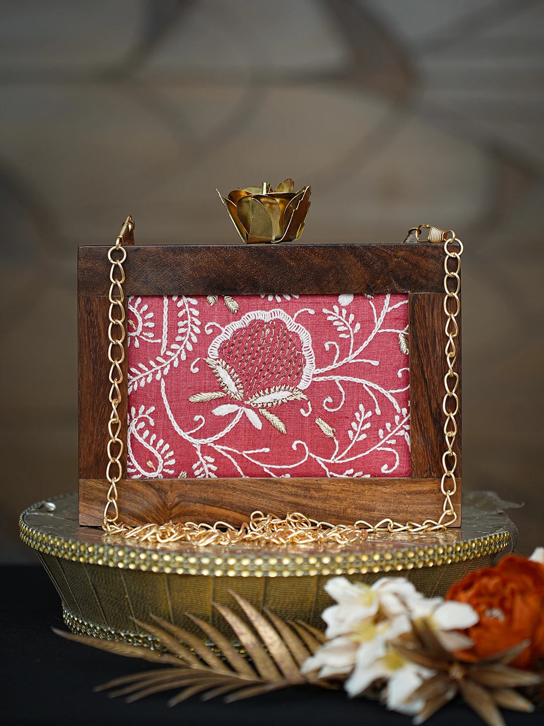 Ada Hand Embroidered Maroon Silk Lucknowi Chikankari Clutch With Golden Zari Work 01A779483