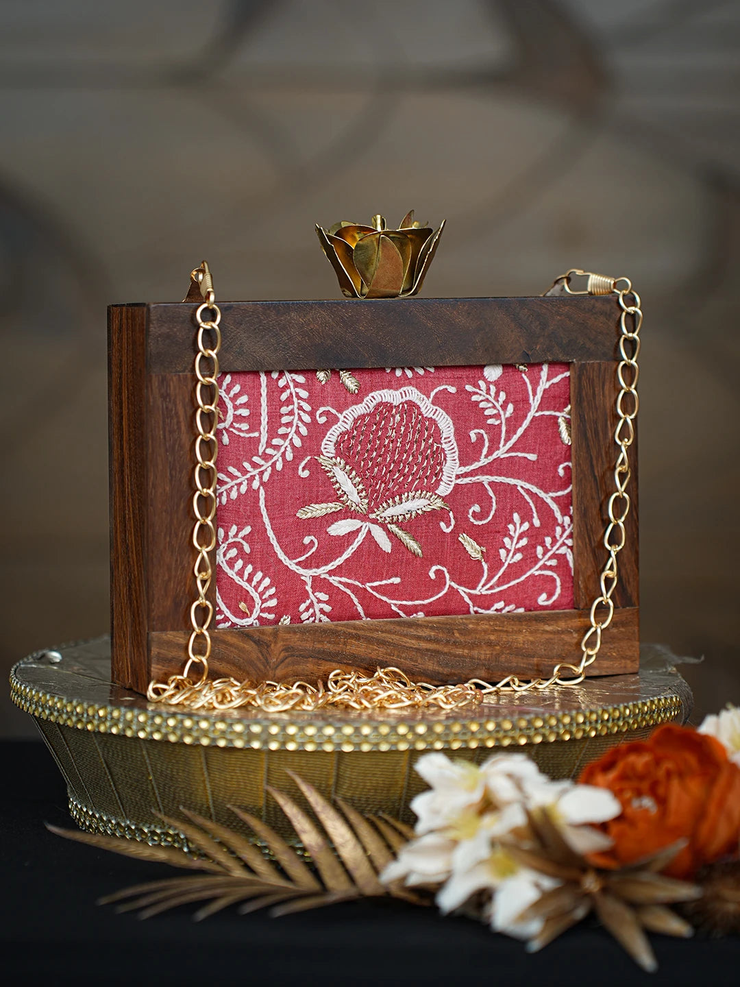Ada Hand Embroidered Maroon Silk Lucknowi Chikankari Clutch With Golden Zari Work 01A779483