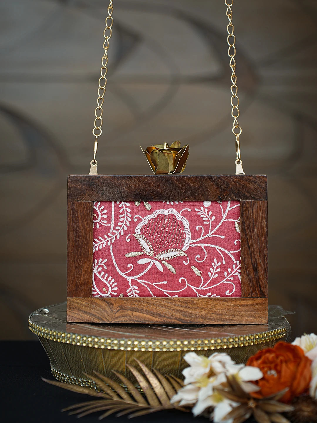 Ada Hand Embroidered Maroon Silk Lucknowi Chikankari Clutch With Golden Zari Work 01A779483