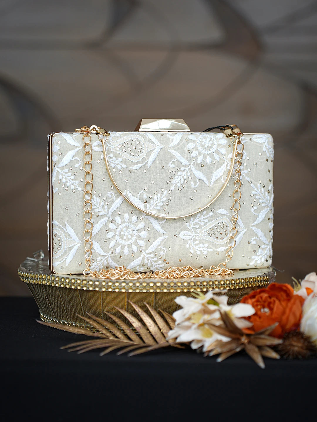 Ada Hand Embroidered Fawn Silk Lucknowi Chikankari Clutch With Mukaish Work 01A758967