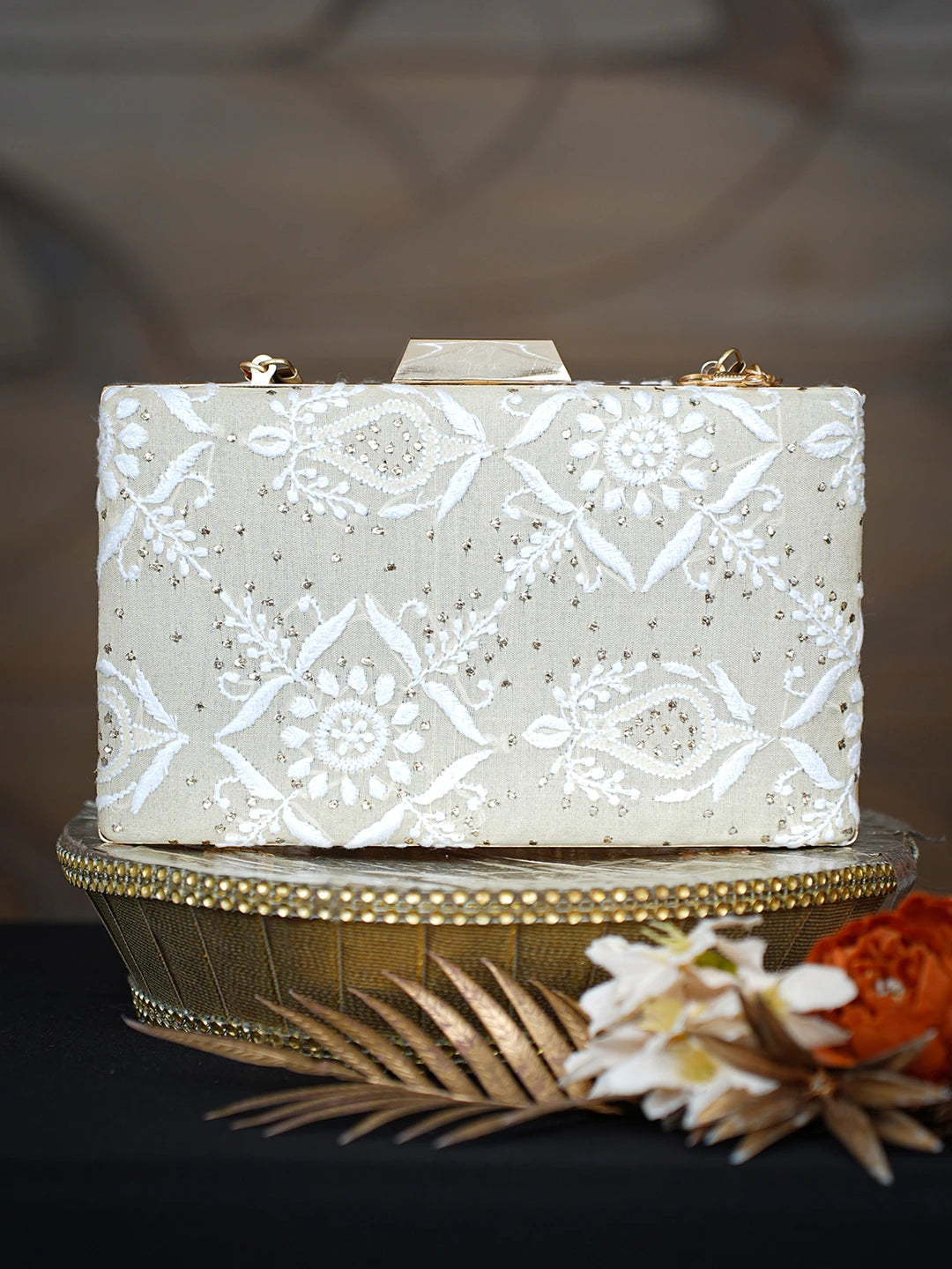 Ada Hand Embroidered Fawn Silk Lucknowi Chikankari Clutch With Mukaish Work 01A758967