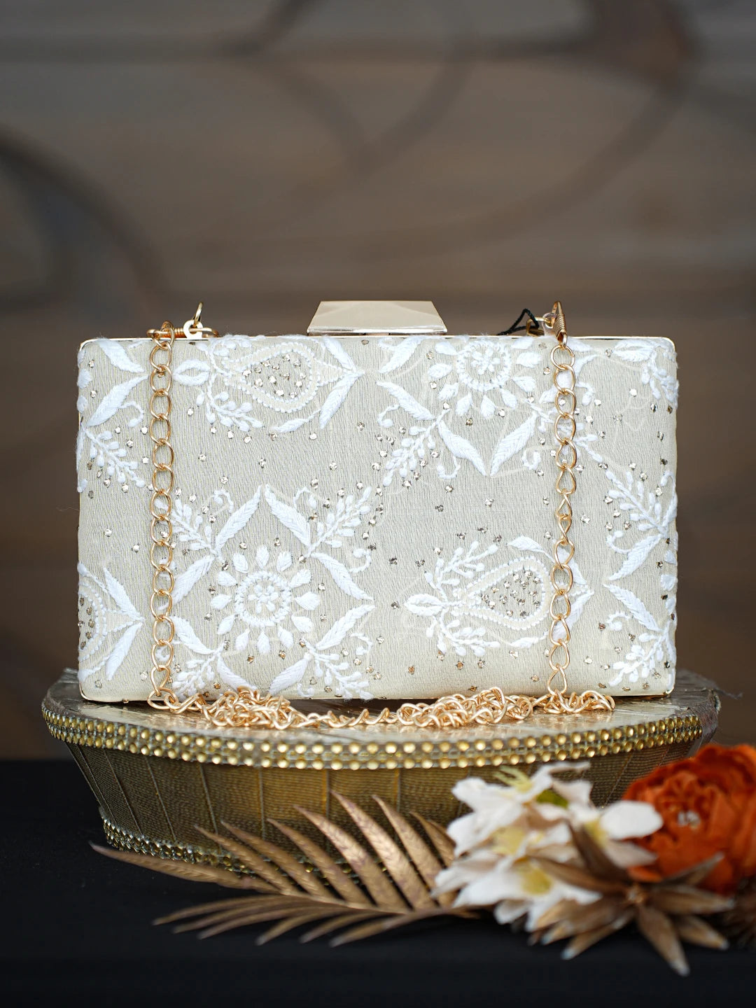 Ada Hand Embroidered Fawn Silk Lucknowi Chikankari Clutch With Mukaish Work 01A758967