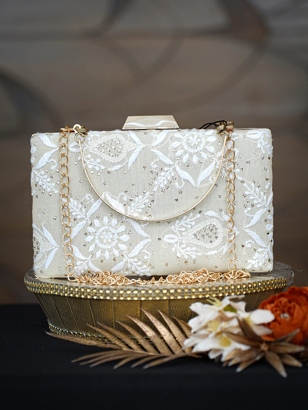 Ada Hand Embroidered Fawn Silk Lucknowi Chikankari Clutch With Mukaish Work 01A758967