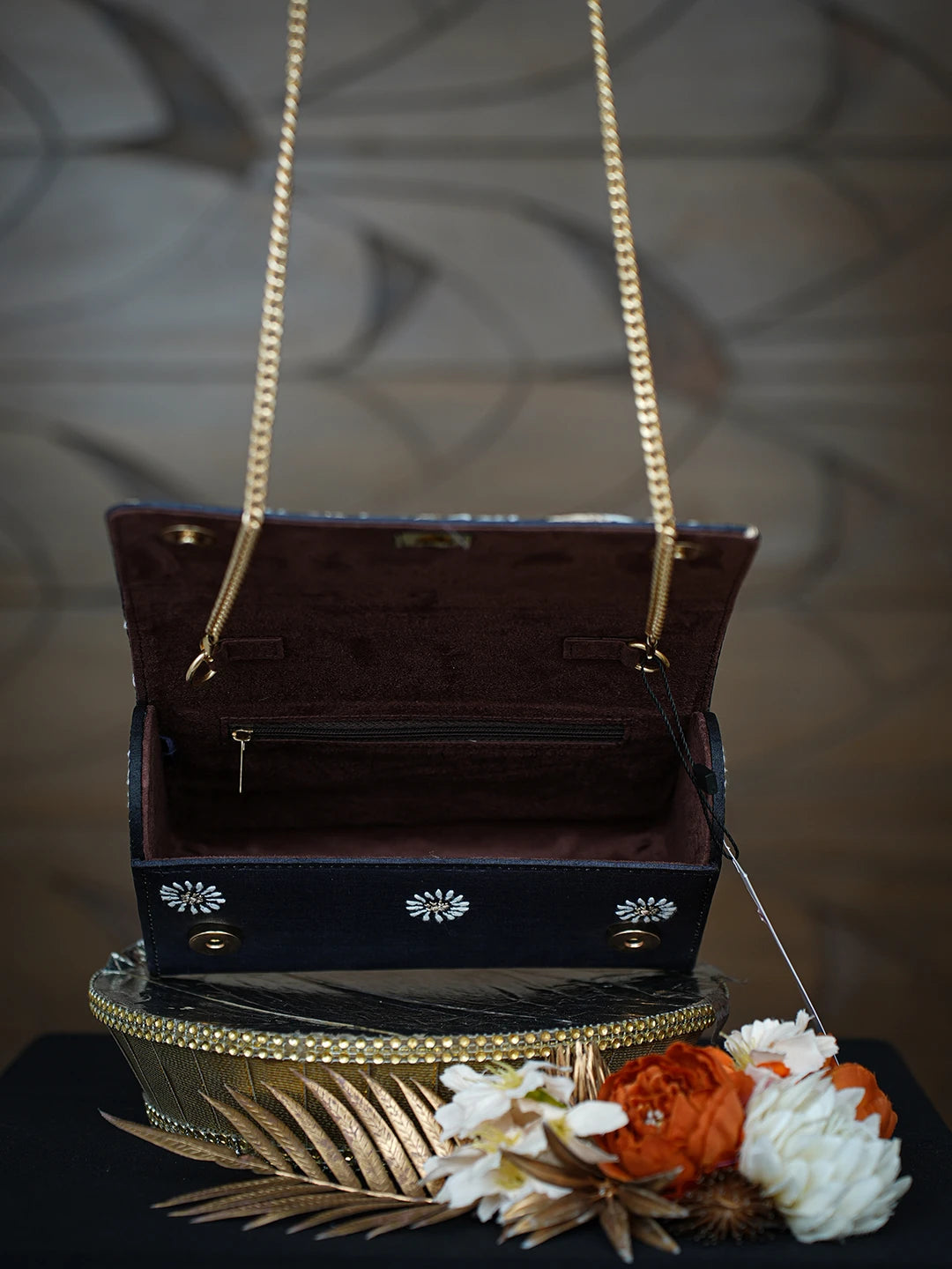 Ada Hand Embroidered Black Silk Lucknowi Chikankari Clutch With Zari Work 01A754167