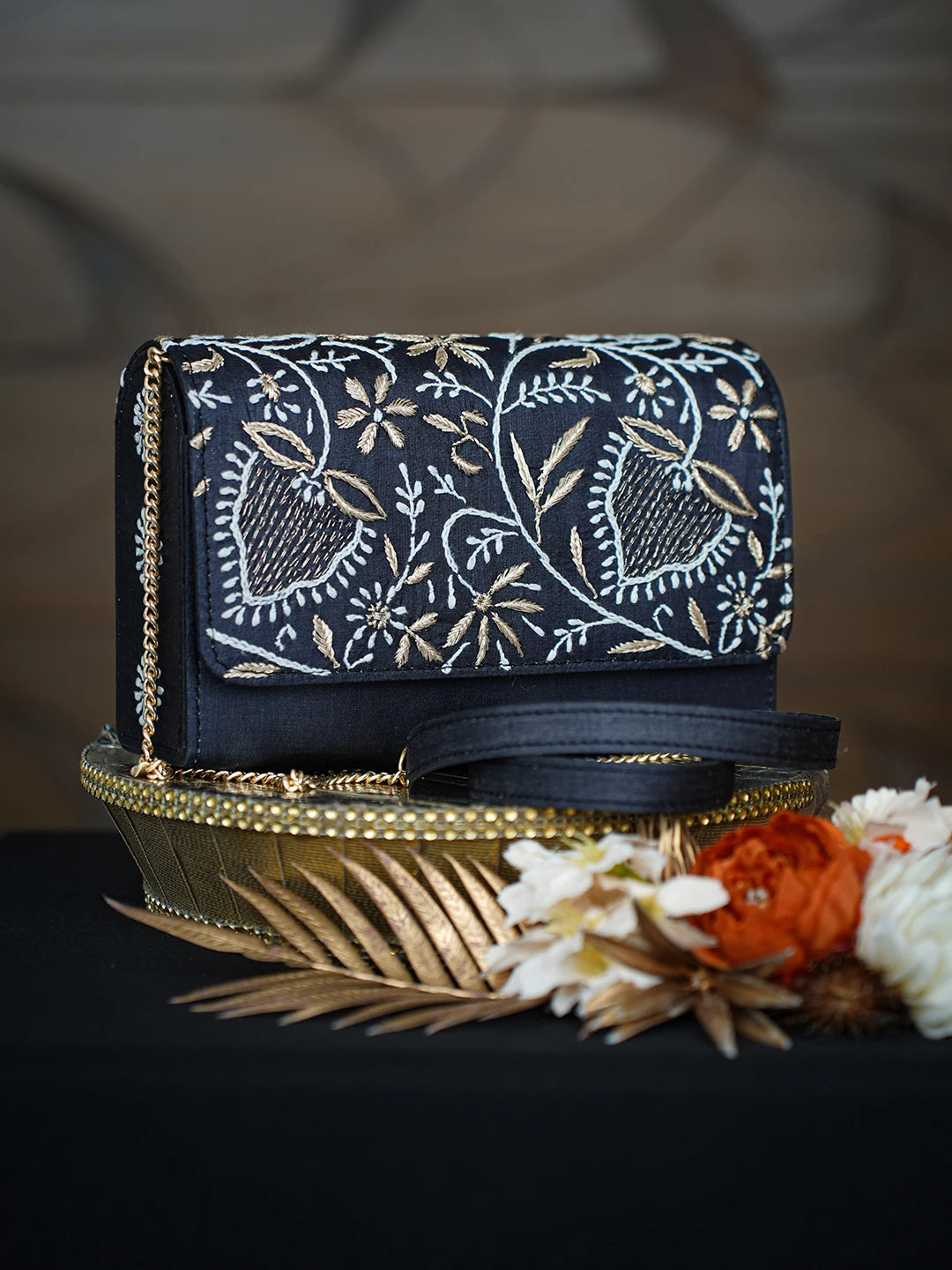 Ada Hand Embroidered Black Silk Lucknowi Chikankari Clutch With Zari Work 01A754167