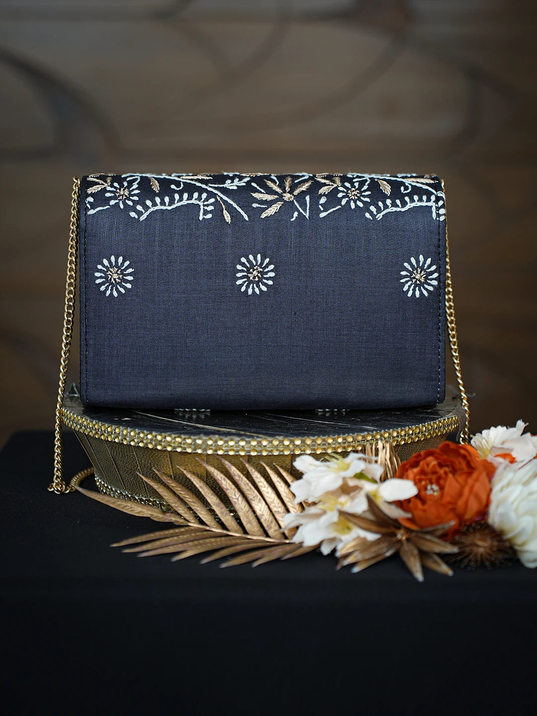 Ada Hand Embroidered Black Silk Lucknowi Chikankari Clutch With Zari Work 01A754167