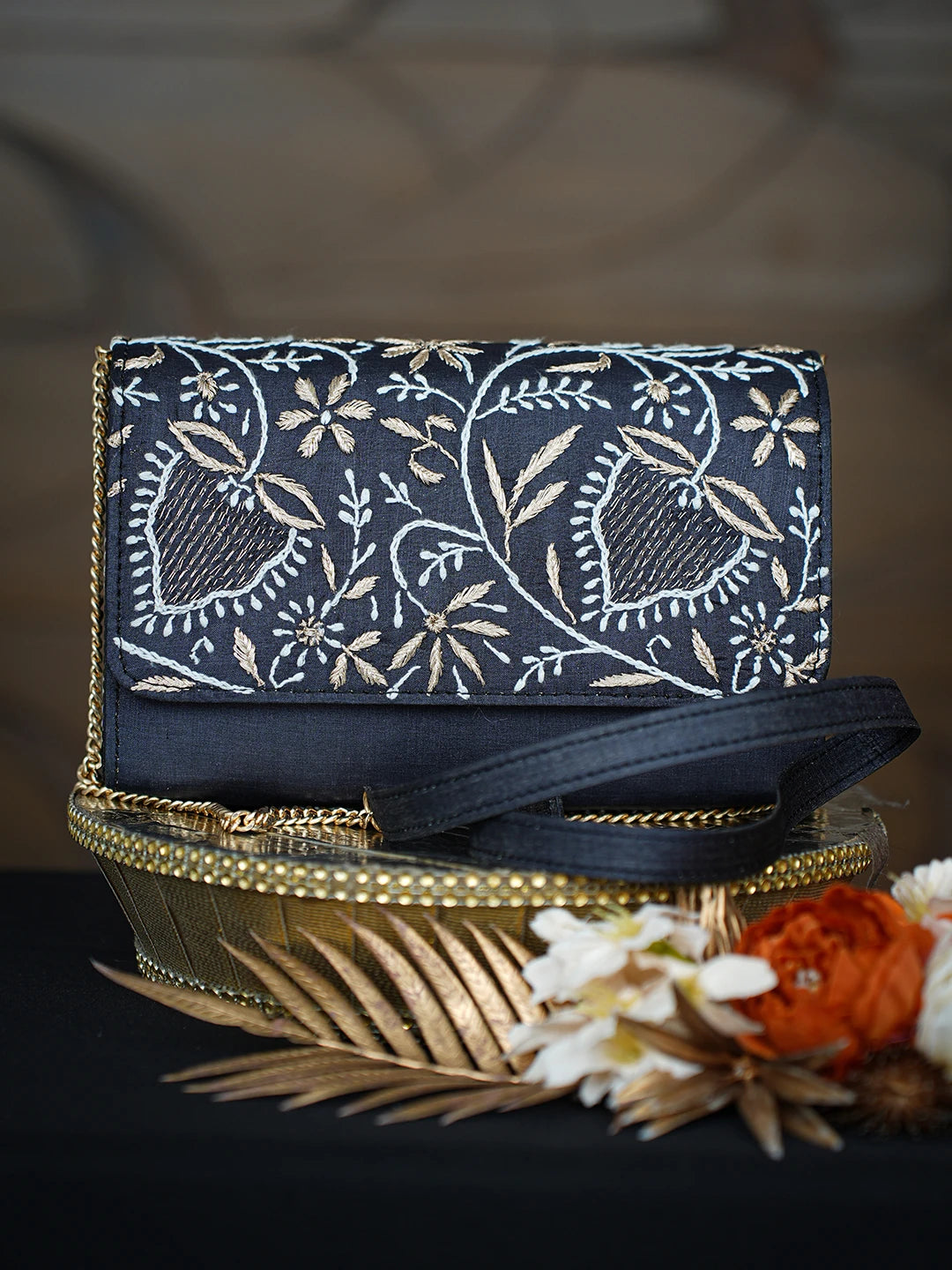 Ada Hand Embroidered Black Silk Lucknowi Chikankari Clutch With Zari Work 01A754167