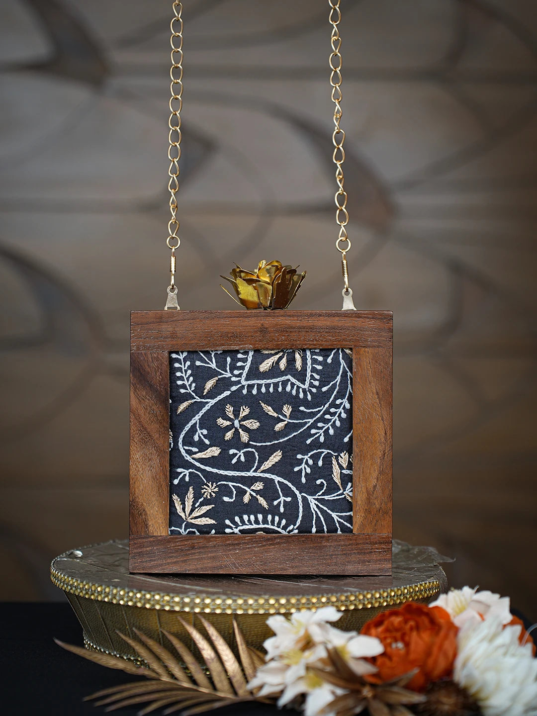 Ada Hand Embroidered Black Silk Lucknowi Chikankari Clutch With Golden Zari Work 01A779482