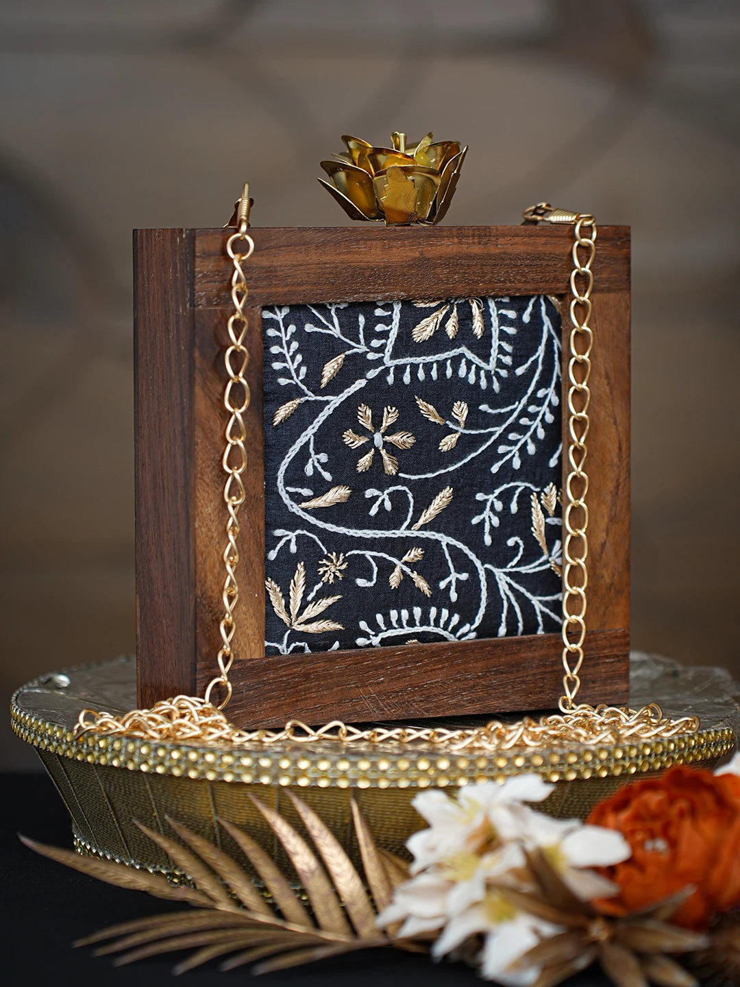 Ada Hand Embroidered Black Silk Lucknowi Chikankari Clutch With Golden Zari Work 01A779482