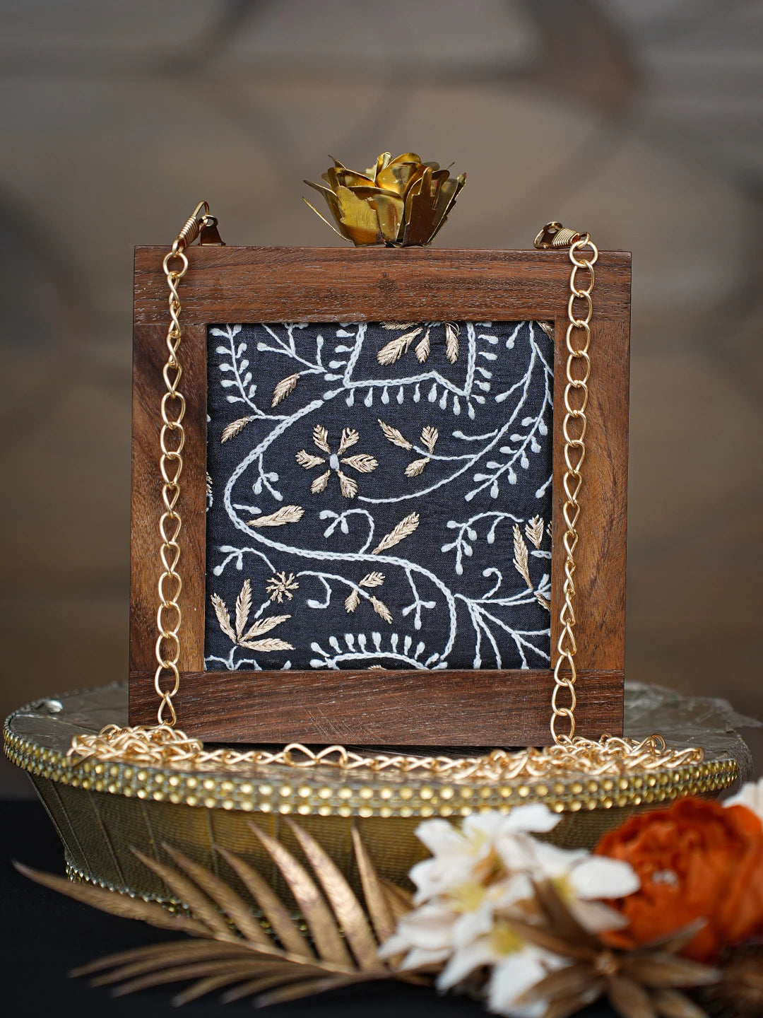 Ada Hand Embroidered Black Silk Lucknowi Chikankari Clutch With Golden Zari Work 01A779482