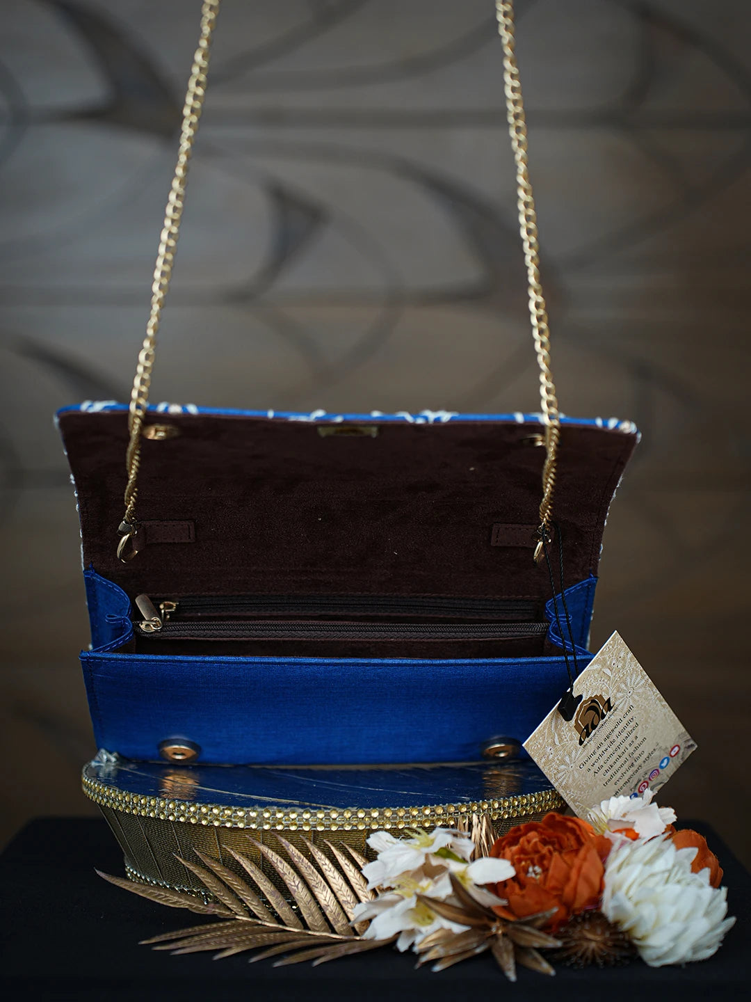 Ada Hand Embroidered Royal Blue Silk Lucknowi Chikankari Clutch With Zari Work 01A768247