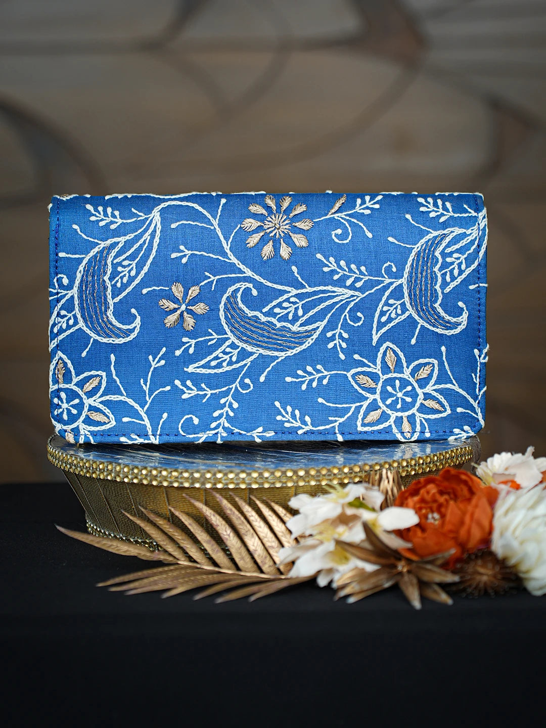 Ada Hand Embroidered Royal Blue Silk Lucknowi Chikankari Clutch With Zari Work 01A768247