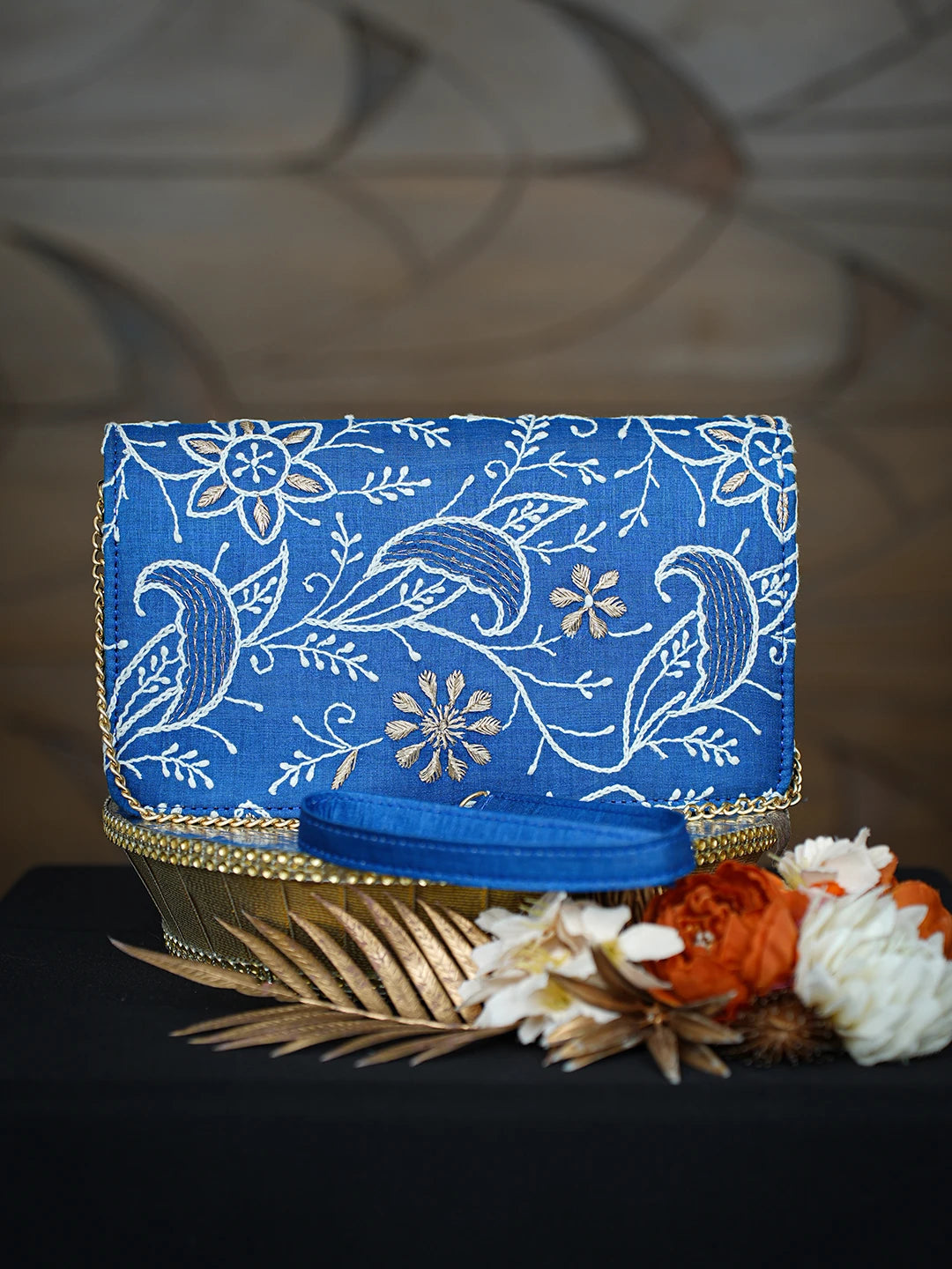 Ada Hand Embroidered Royal Blue Silk Lucknowi Chikankari Clutch With Zari Work 01A768247