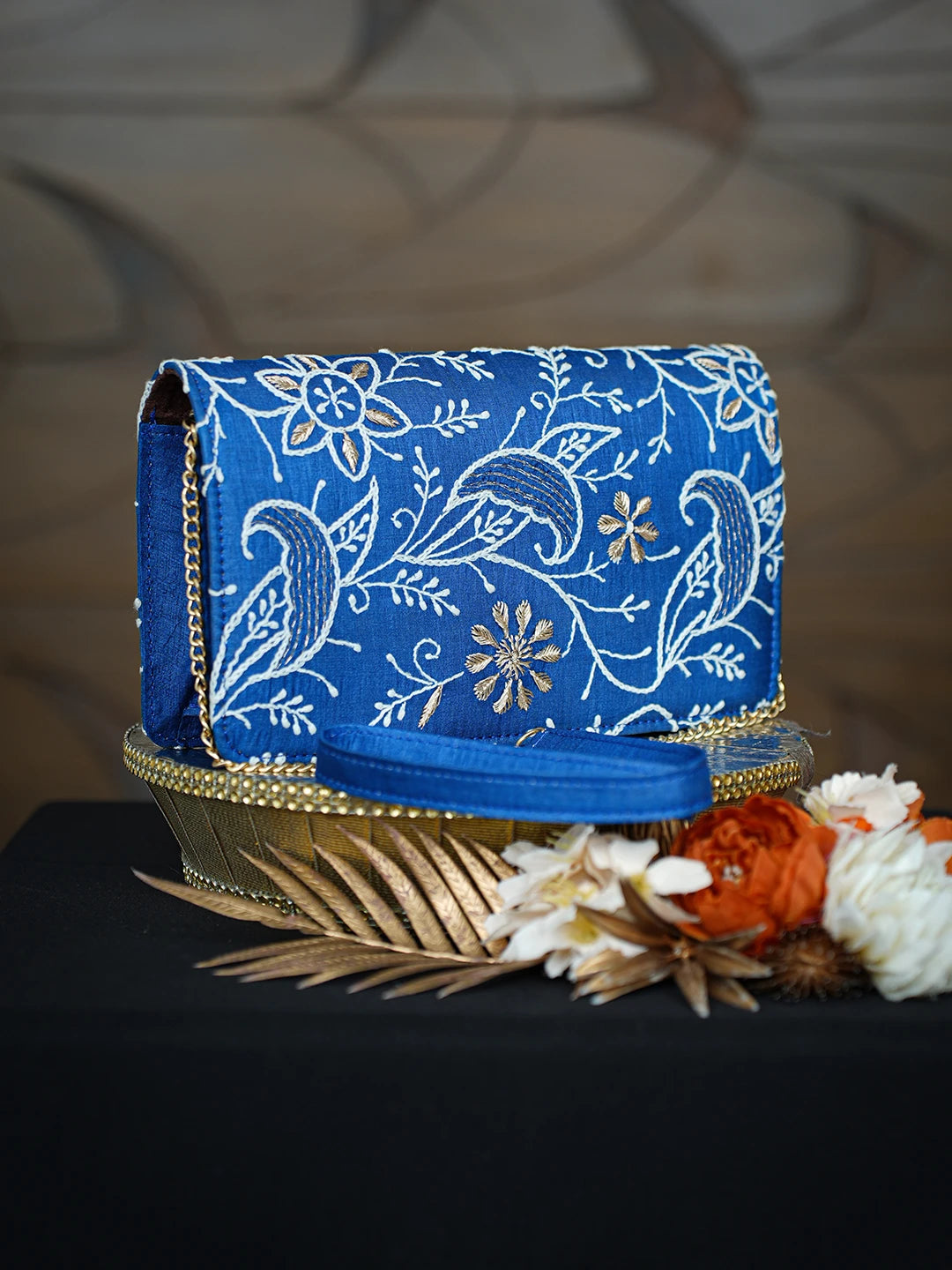 Ada Hand Embroidered Royal Blue Silk Lucknowi Chikankari Clutch With Zari Work 01A768247
