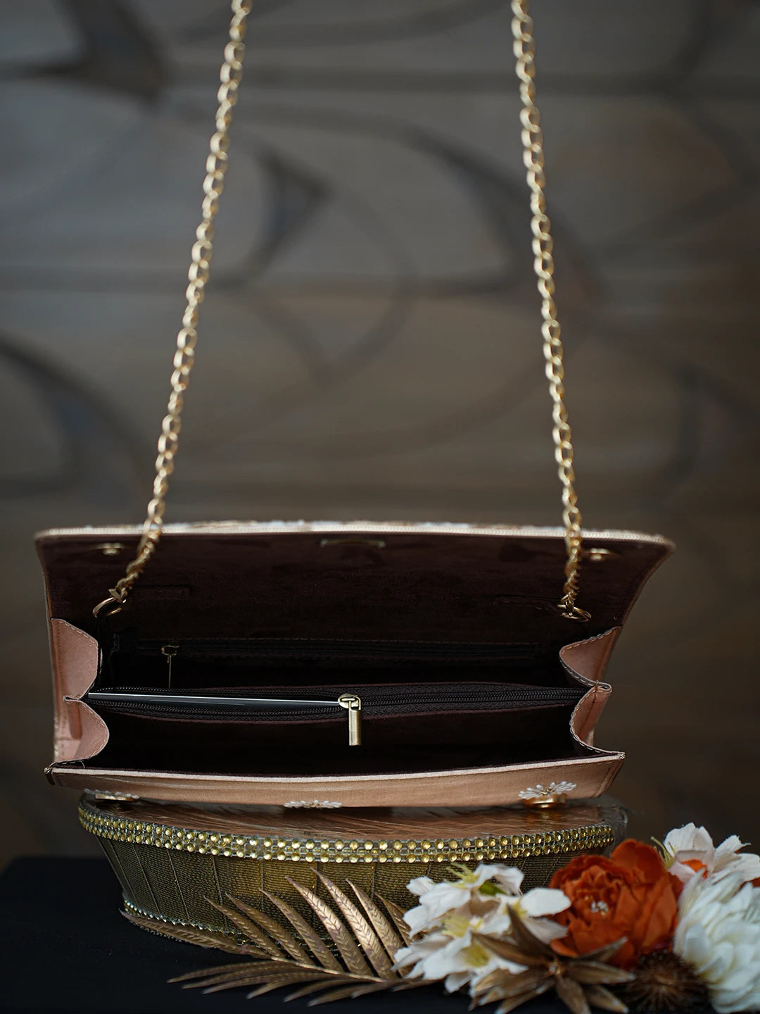 Ada Hand Embroidered Peach Silk Lucknowi Chikankari Clutch With Zari Work 01A775690