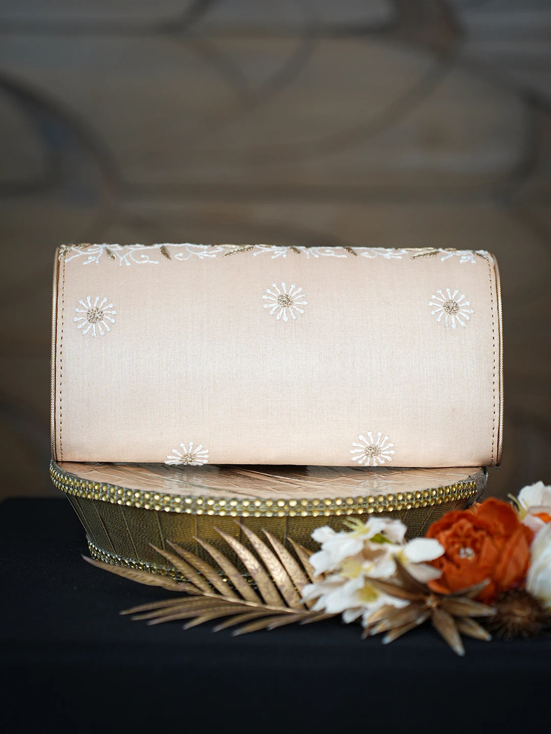 Ada Hand Embroidered Peach Silk Lucknowi Chikankari Clutch With Zari Work 01A775690