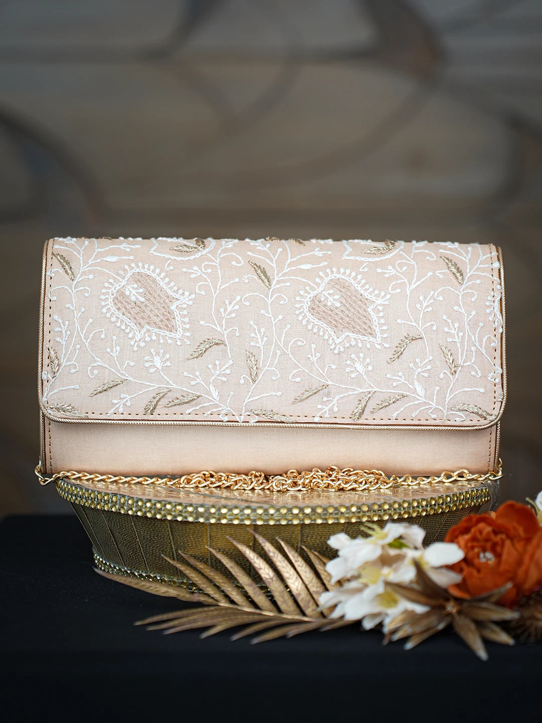 Ada Hand Embroidered Peach Silk Lucknowi Chikankari Clutch With Zari Work 01A775690