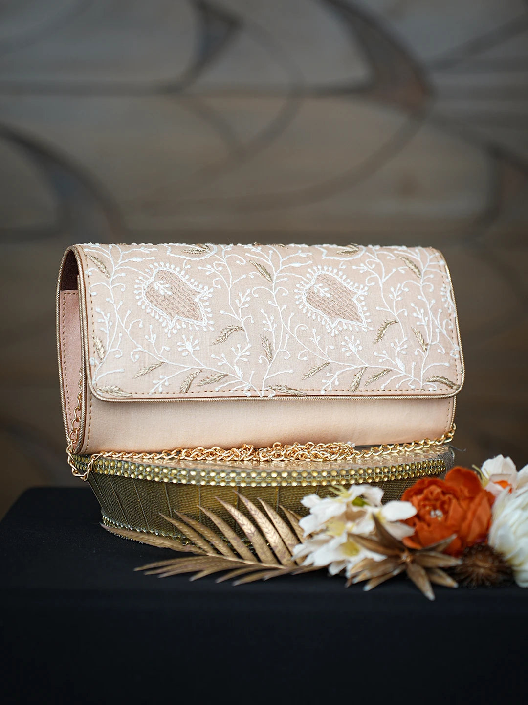 Ada Hand Embroidered Peach Silk Lucknowi Chikankari Clutch With Zari Work 01A775690