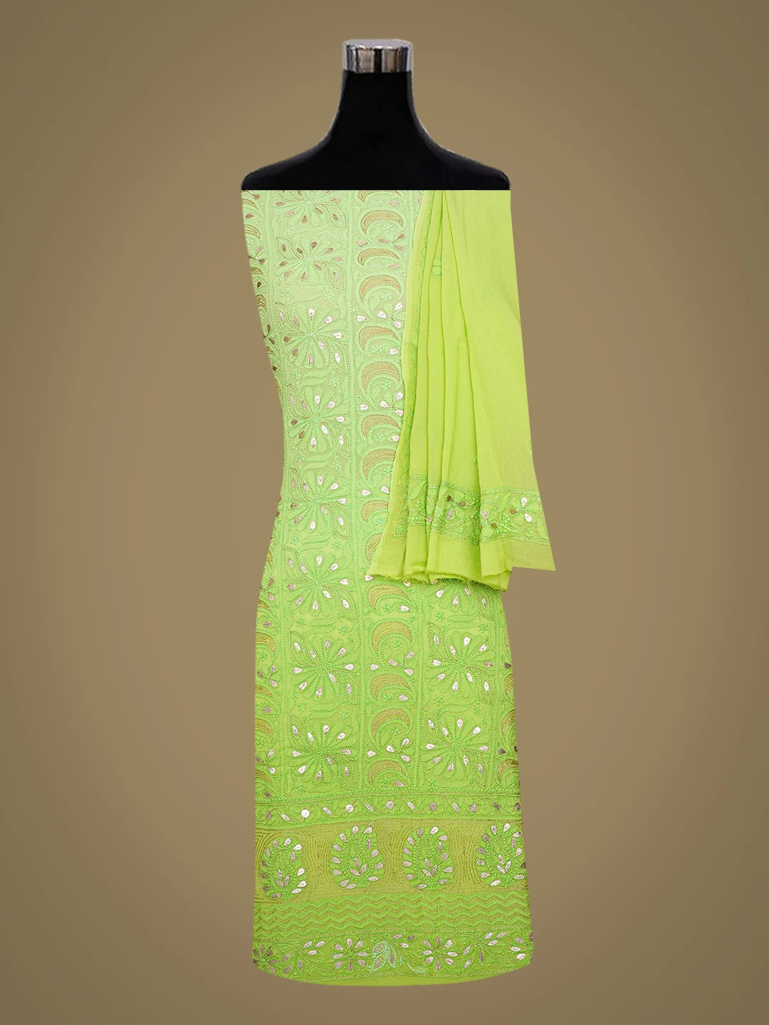 Ada Hand Embroidered Green Viscose Georgette Lucknowi Chikankari Unstitched Kurta Dupatta Set With Gotapatti Work 01A751206