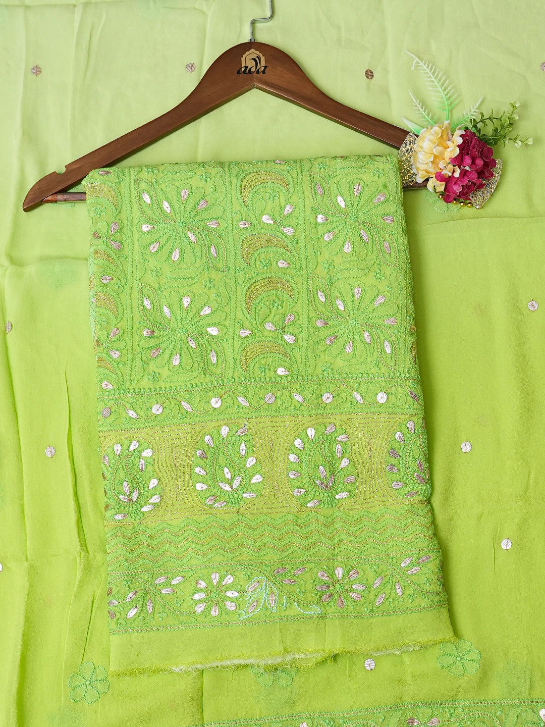Ada Hand Embroidered Green Viscose Georgette Lucknowi Chikankari Unstitched Kurta Dupatta Set With Gotapatti Work 01A751206