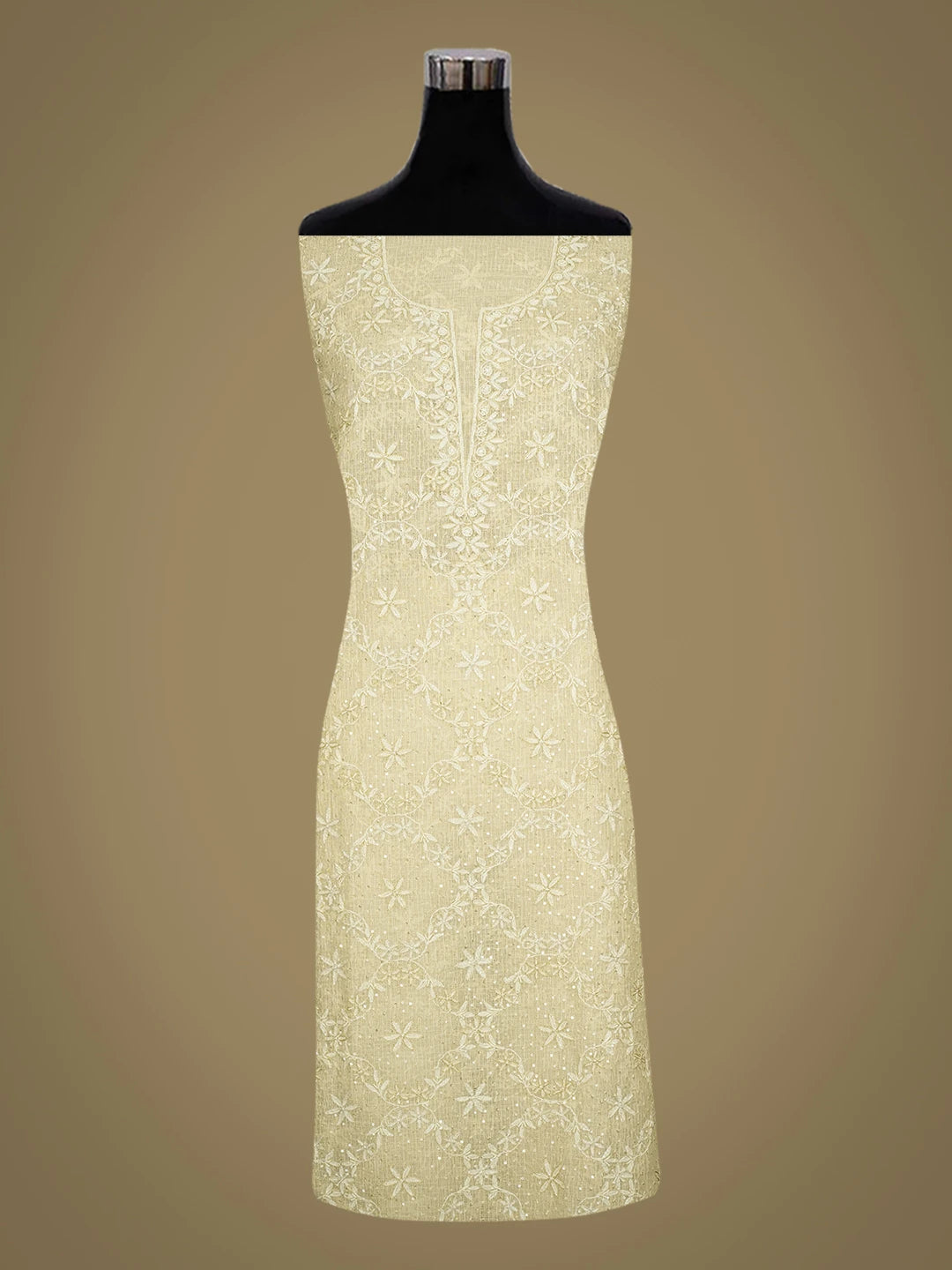 Ada Hand Embroidered Fawn Kota Lucknowi Chikankari Unstitched Kurta Dupatta Set With Pearl Work 01A669968