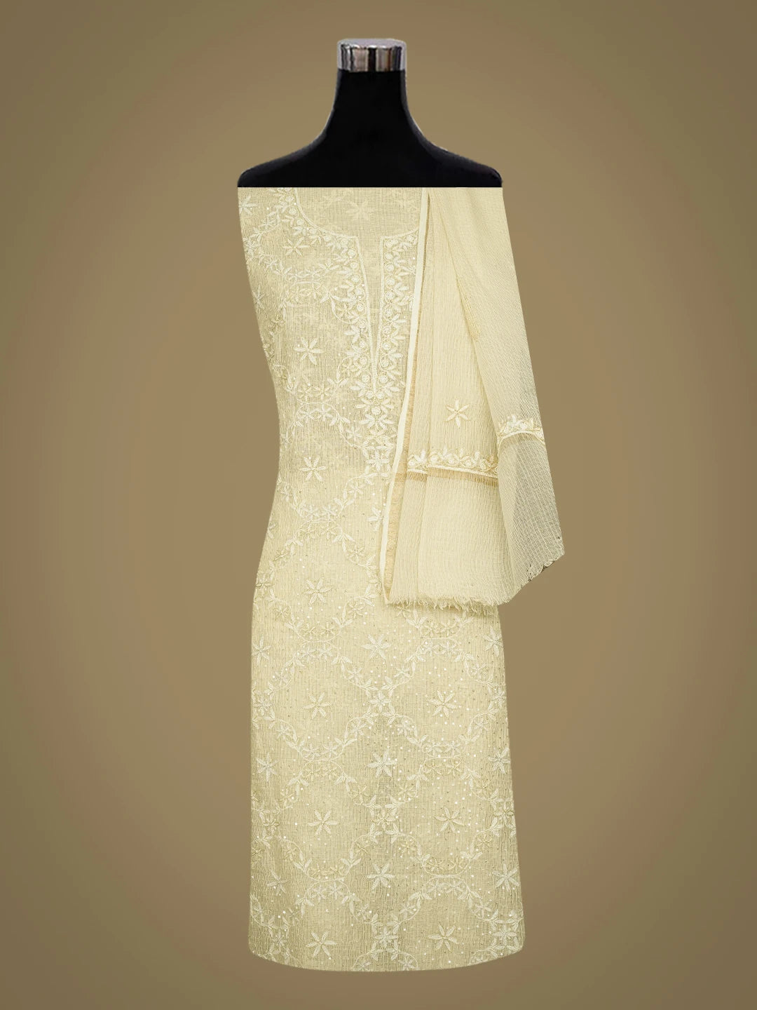 Ada Hand Embroidered Fawn Kota Lucknowi Chikankari Unstitched Kurta Dupatta Set With Pearl Work 01A669968