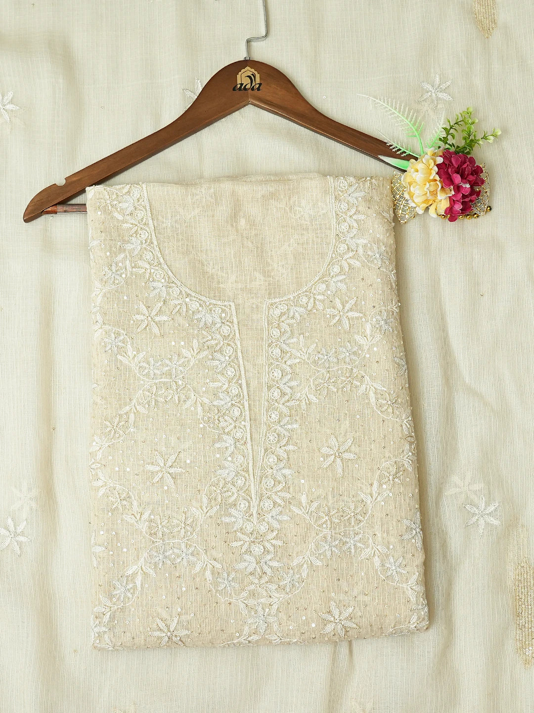 Ada Hand Embroidered Fawn Kota Lucknowi Chikankari Unstitched Kurta Dupatta Set With Pearl Work 01A669968