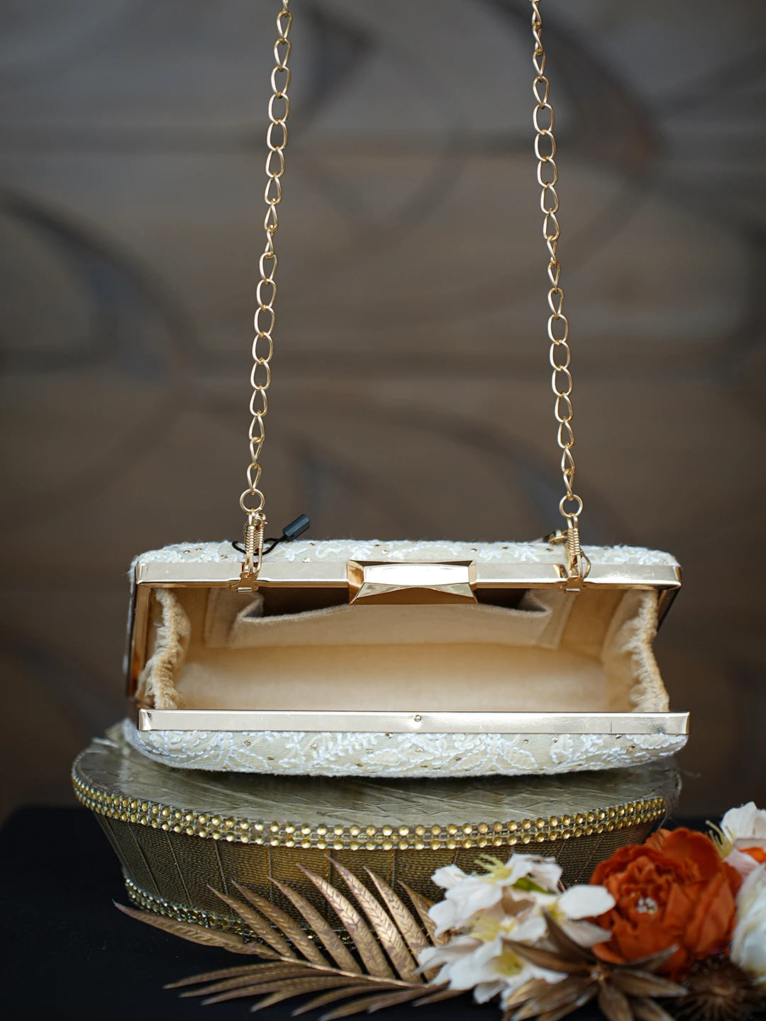 Ada Hand Embroidered Fawn Silk Lucknowi Chikankari Clutch With Mukaish Work 01A759026