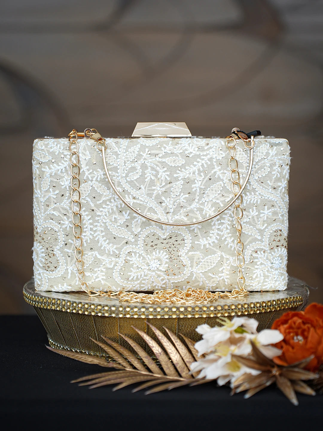 Ada Hand Embroidered Fawn Silk Lucknowi Chikankari Clutch With Mukaish Work 01A759026