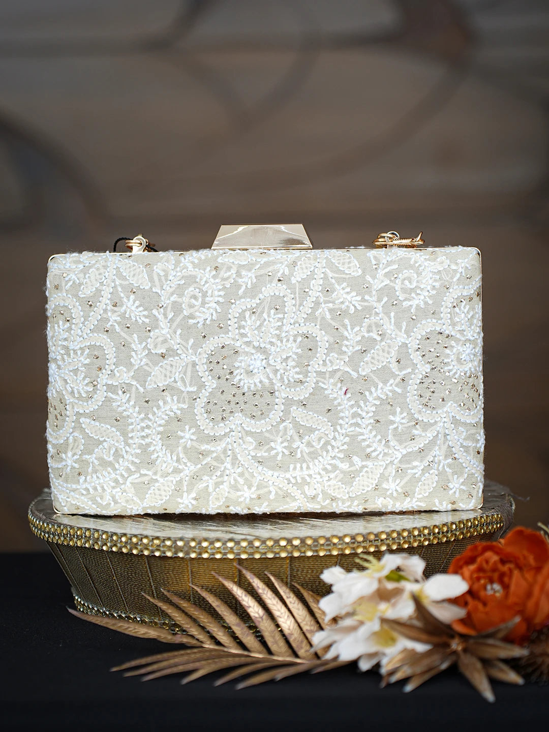 Ada Hand Embroidered Fawn Silk Lucknowi Chikankari Clutch With Mukaish Work 01A759026