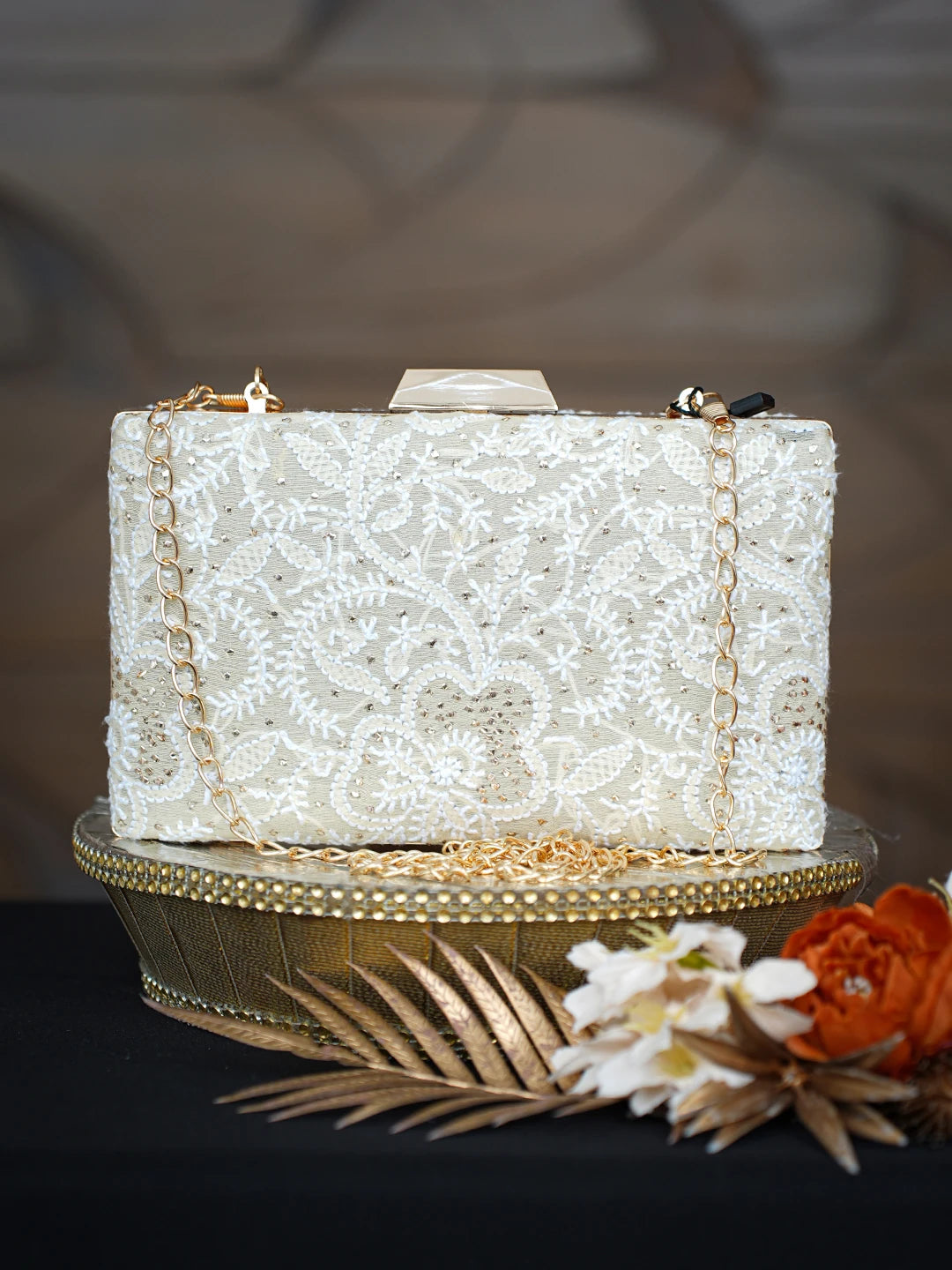 Ada Hand Embroidered Fawn Silk Lucknowi Chikankari Clutch With Mukaish Work 01A759026