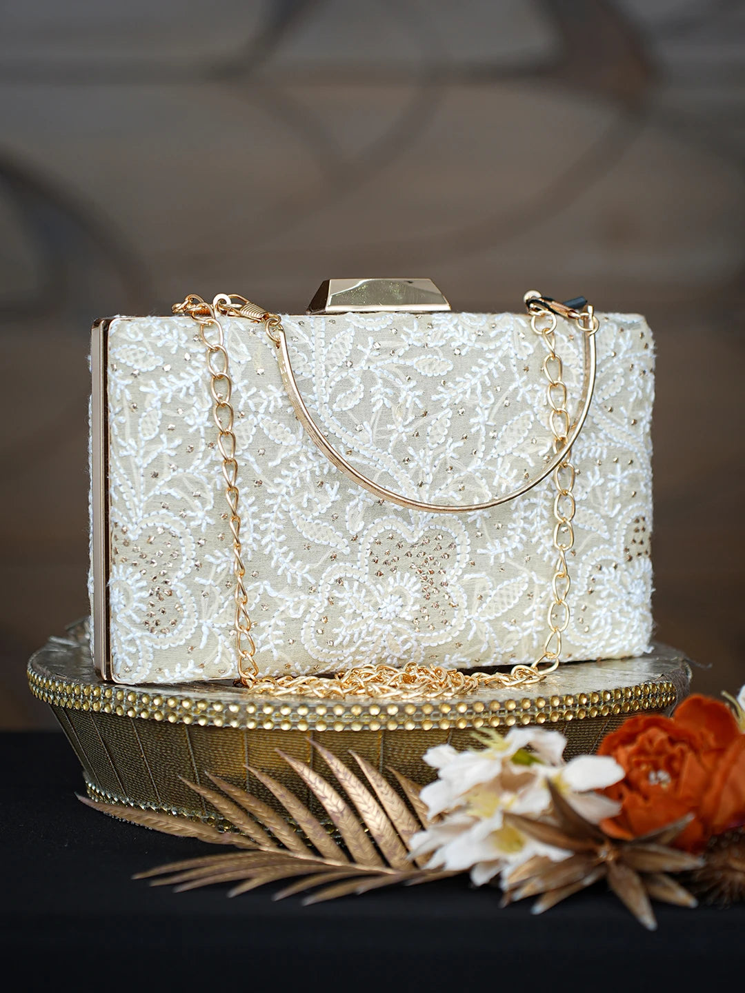 Ada Hand Embroidered Fawn Silk Lucknowi Chikankari Clutch With Mukaish Work 01A759026