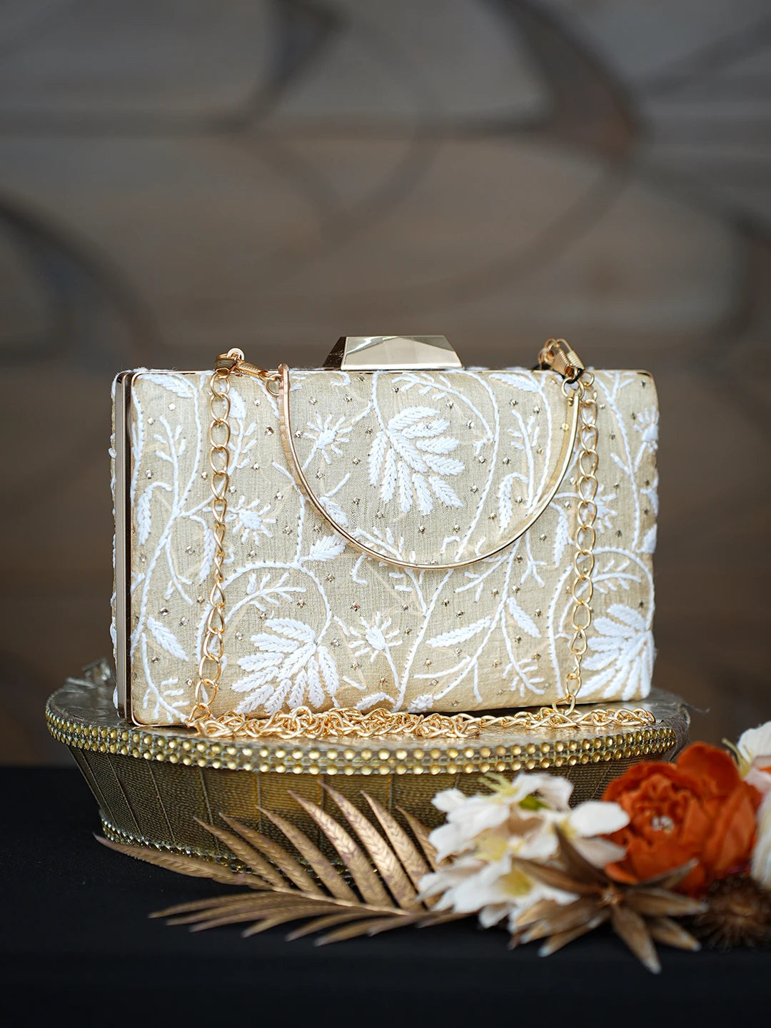Ada Hand Embroidered Fawn Silk Lucknowi Chikankari Clutch With Mukaish Work 01A759013