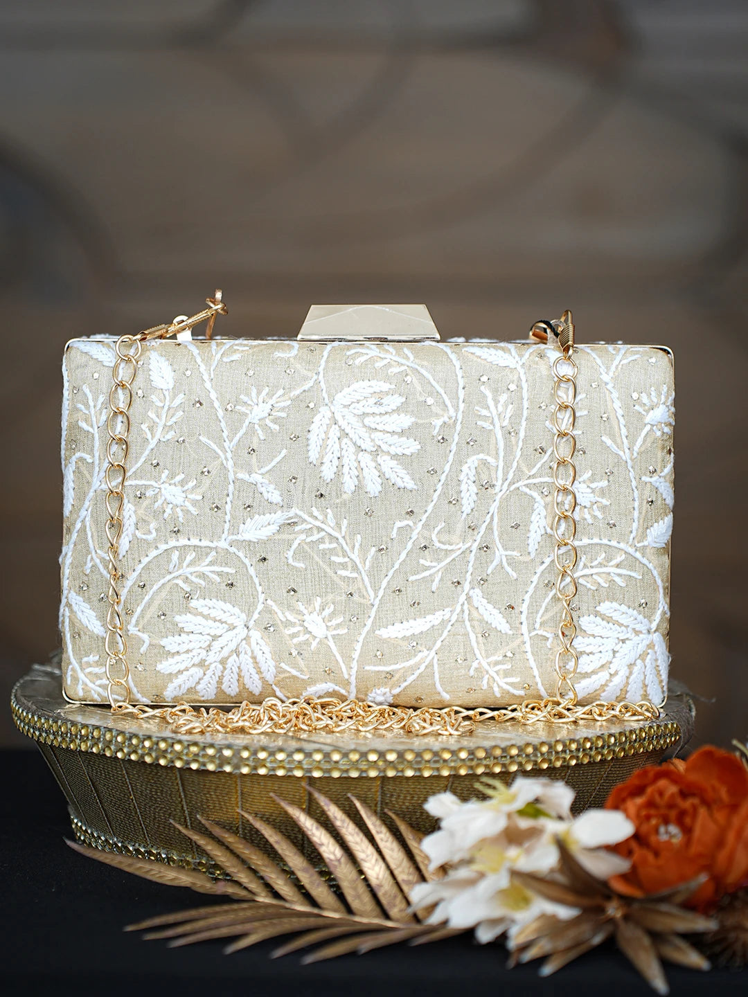 Ada Hand Embroidered Fawn Silk Lucknowi Chikankari Clutch With Mukaish Work 01A759013