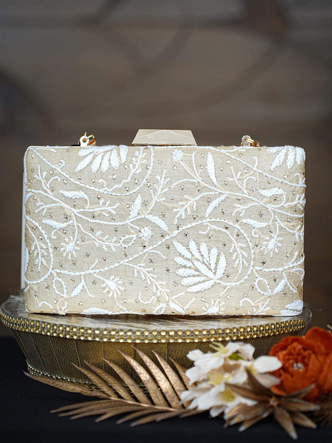 Ada Hand Embroidered Fawn Silk Lucknowi Chikankari Clutch With Mukaish Work 01A759013
