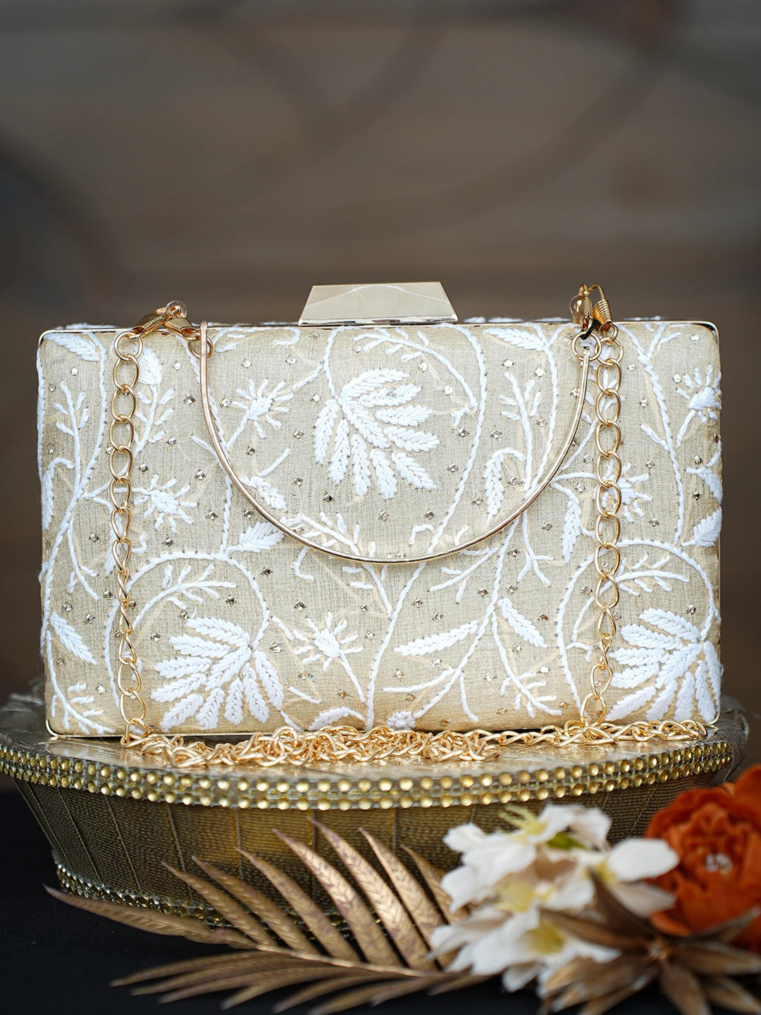 Ada Hand Embroidered Fawn Silk Lucknowi Chikankari Clutch With Mukaish Work 01A759013