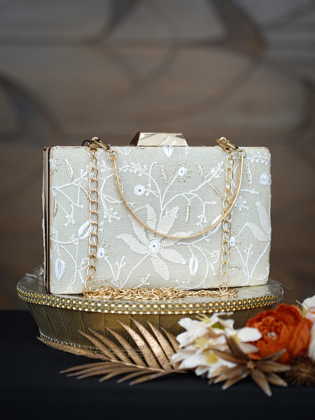 Ada Hand Embroidered Fawn Silk Lucknowi Chikankari Clutch With Mukaish Work 01A758969