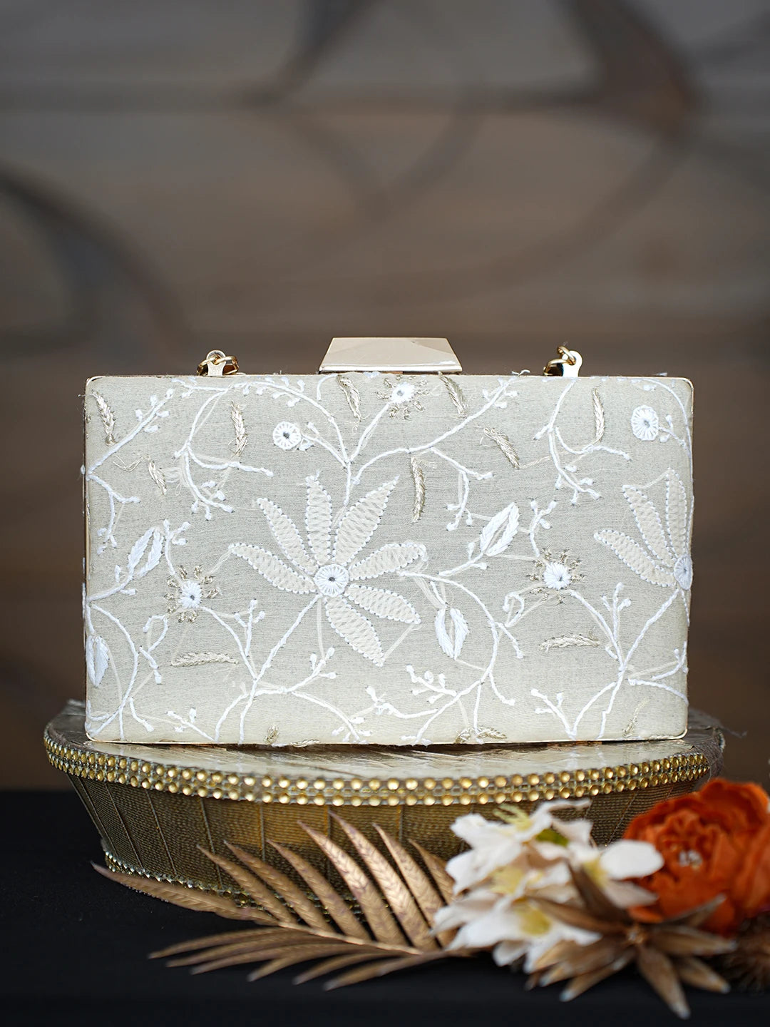 Ada Hand Embroidered Fawn Silk Lucknowi Chikankari Clutch With Mukaish Work 01A758969