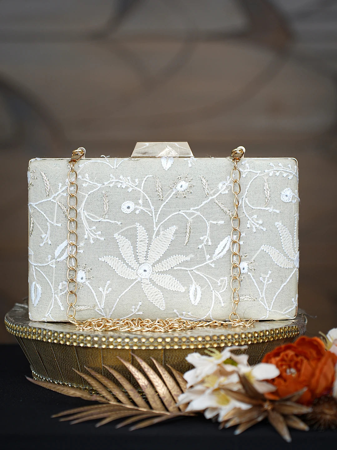 Ada Hand Embroidered Fawn Silk Lucknowi Chikankari Clutch With Mukaish Work 01A758969