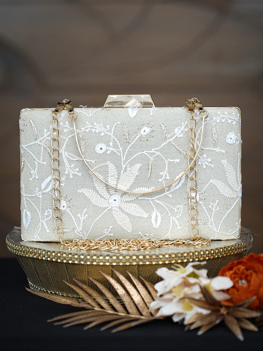 Ada Hand Embroidered Fawn Silk Lucknowi Chikankari Clutch With Mukaish Work 01A758969