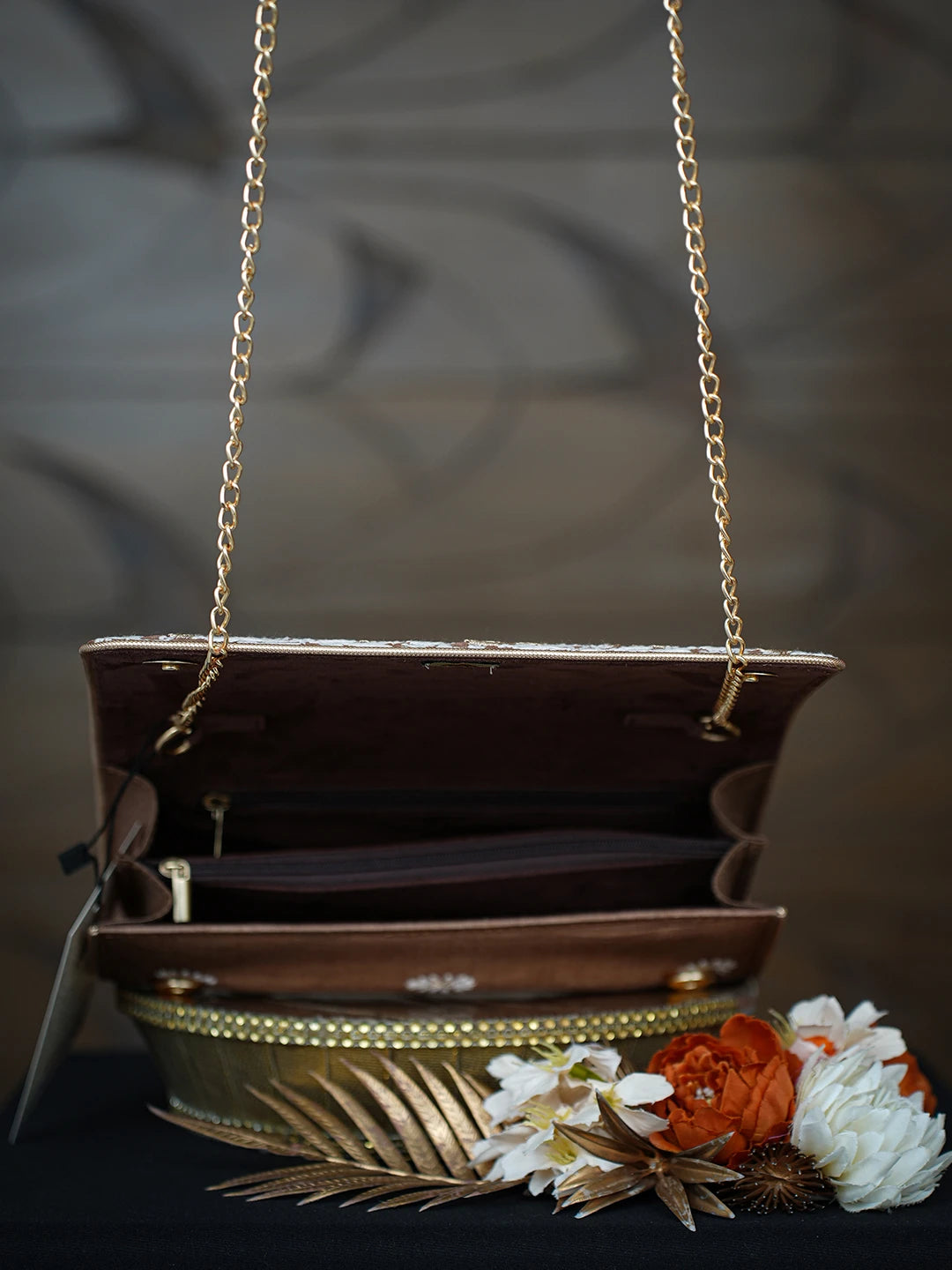 Ada Hand Embroidered Brown Silk Lucknowi Chikankari Clutch With Zari Work 01A775698
