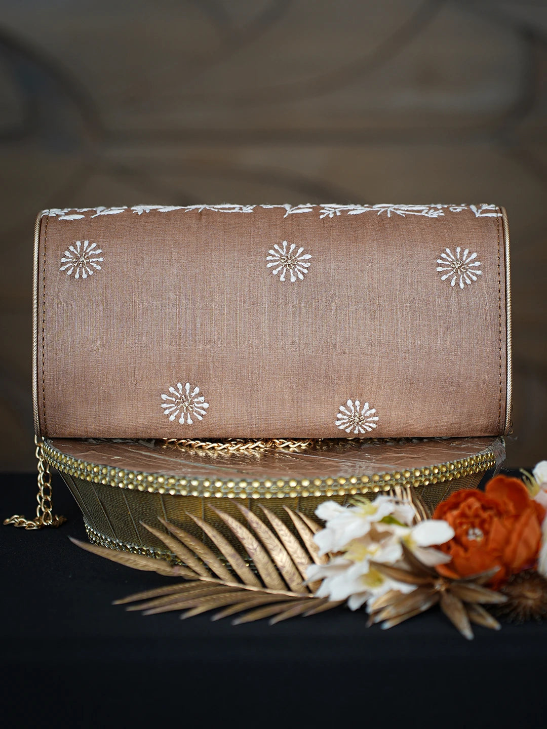 Ada Hand Embroidered Brown Silk Lucknowi Chikankari Clutch With Zari Work 01A775698