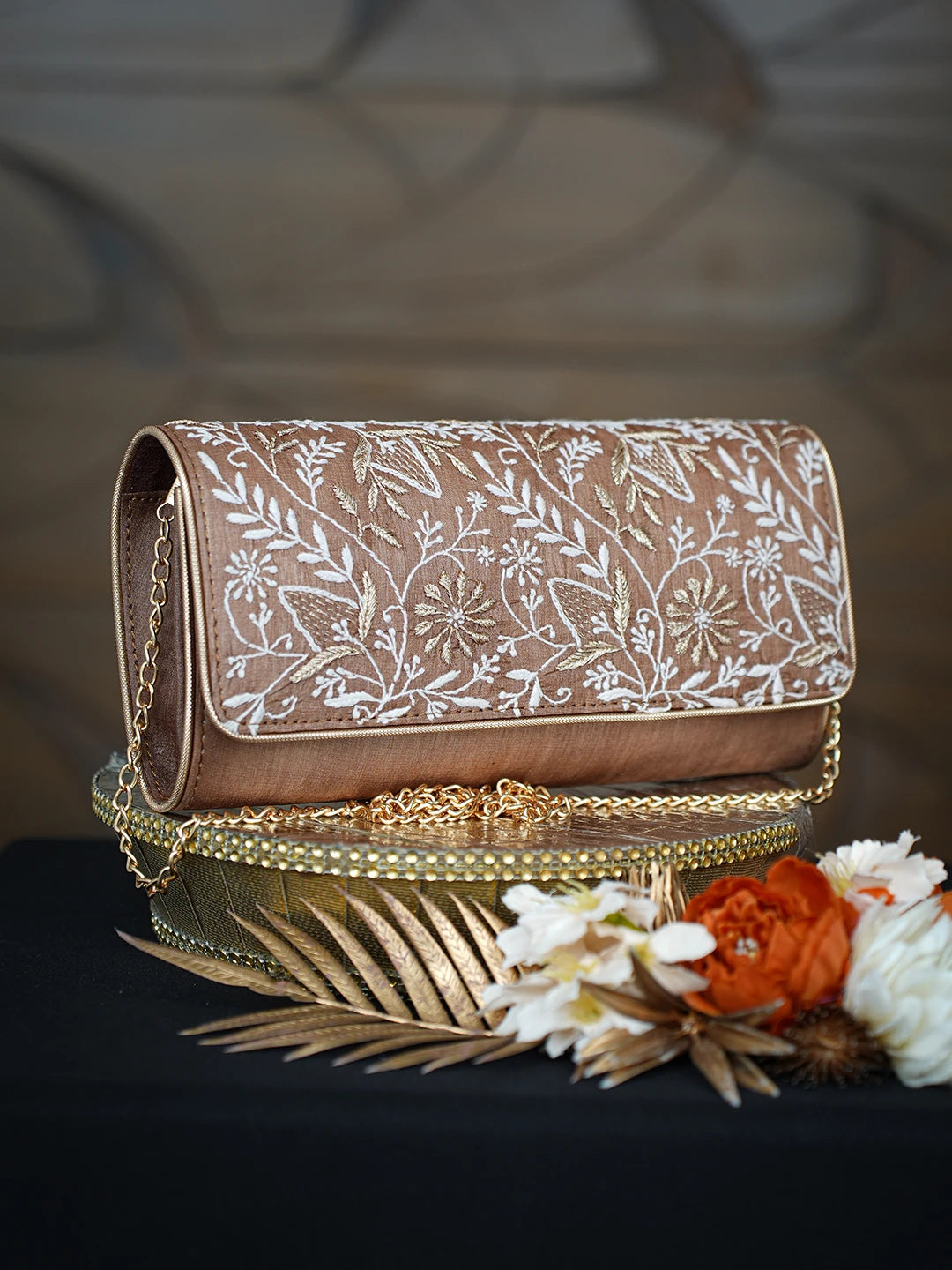 Ada Hand Embroidered Brown Silk Lucknowi Chikankari Clutch With Zari Work 01A775698