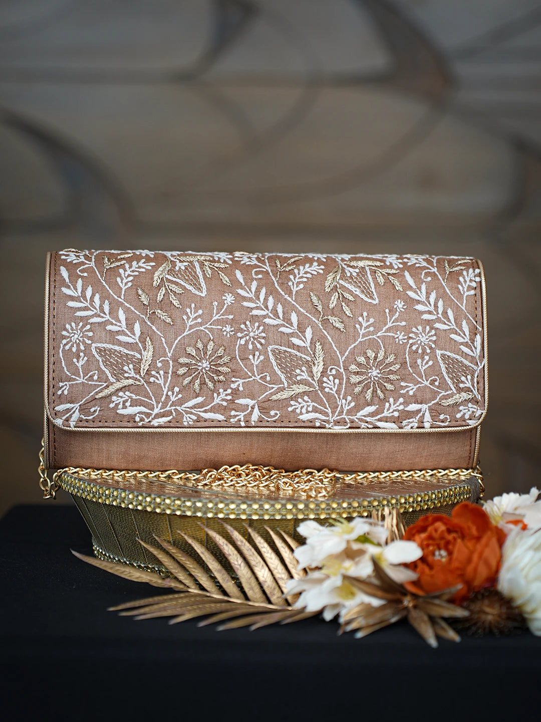 Ada Hand Embroidered Brown Silk Lucknowi Chikankari Clutch With Zari Work 01A775698